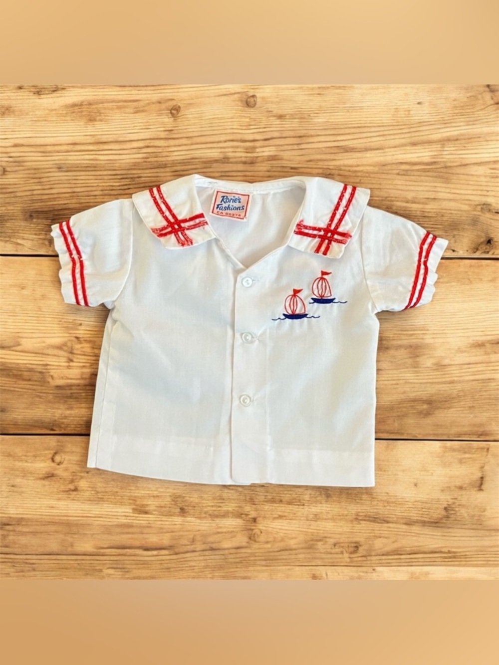 Vintage Rorie's Fashions Baby Nautical Sailor Sailboat White Shirt Sz 0-3 Months